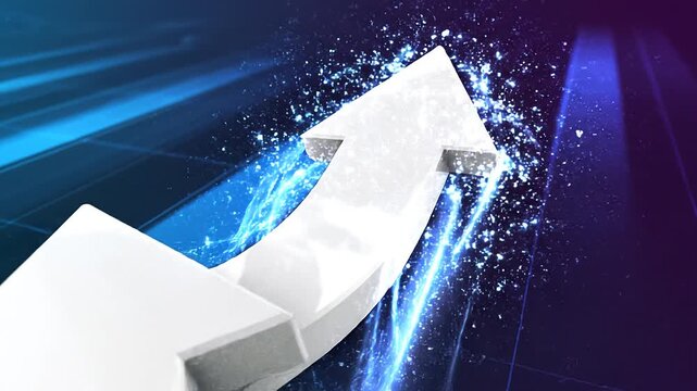 White arrow rises through radiant streaks, glossy surface gleams with energy, motion embodies progress, success transforms into luminous dreamscape of growth, advancement, and resilience.