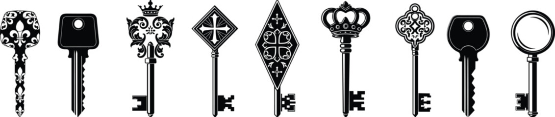 Ornate Vintage Decorative Keys Collection Vector Silhouette Black and White Icons © MstRezoara