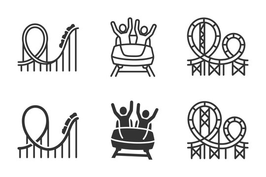 Minimalist roller coaster icons with thrilled riders and looping tracks.