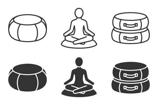 Meditation icons set: zafu cushion, lotus pose, bolster pillow silhouettes.
