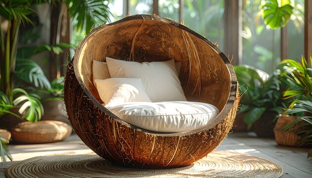 Woven rattan egg chair interior design.