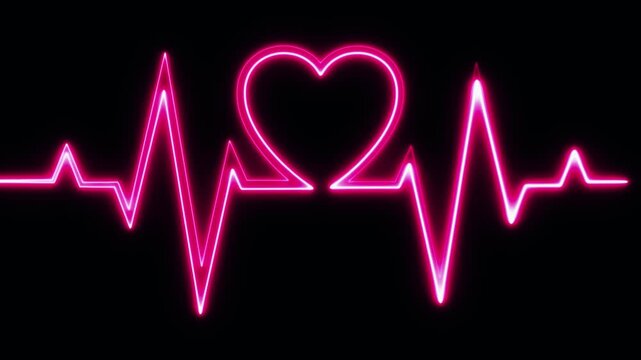 Heartbeat line with glowing pink neon heart pulse animation on black background showing medical health and life support motion graphics with dynamic light trails for hospital concept.