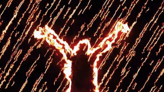 Fiery figure raises arms in silhouette against a backdrop of glowing, diagonal lines, creating an intense and dynamic visual effect with a sense of power.