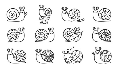 Cute Happy Snail Doodle Icon Set with Hand Drawn Smiling Character Outline Vector Collection © MdHacib