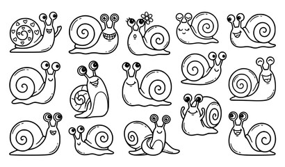 Hand Drawn Cute Snail Character Collection with Smiling Outline Doodle Icons © MdHacib