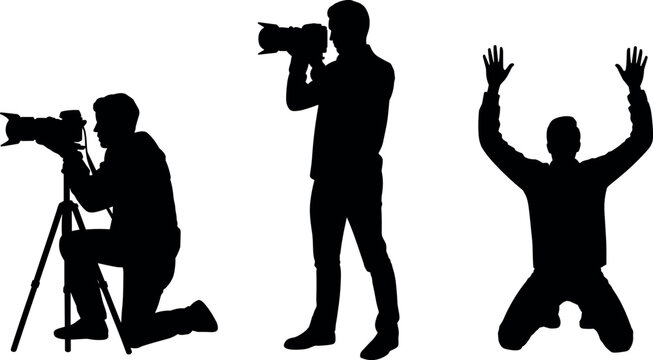 Silhouettes of photographers holding cameras on tripod standing and kneeling man raising hands in surrender or excitement isolated on white