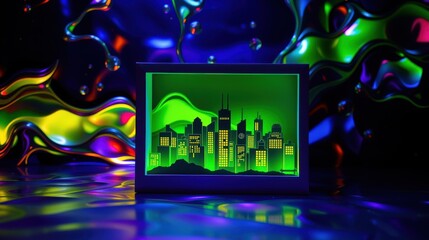 Obraz premium Illuminated cityscape within shadowbox. Vibrant colors surround display, creating dynamic visual effect. Modern design, artistic presentation.