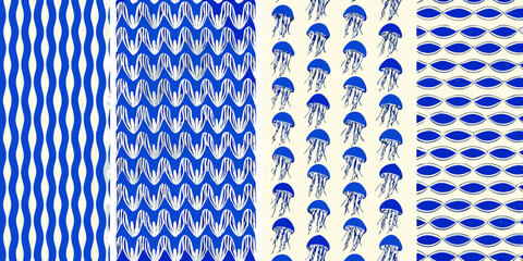 Seamless patterns with waves jellyfish and abstract shapes in blue © Poly