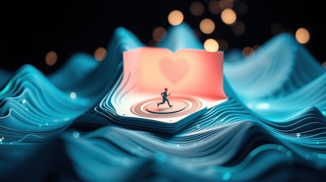 Abstract waves surround runner near glowing heart. Digital illustration evokes emotion, movement, energy, vibrant colors. Peaceful scene.
