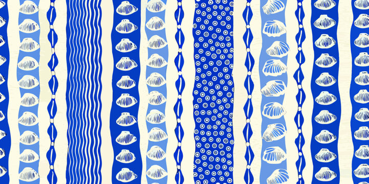 blue and white seashell and wave pattern seamless textile design