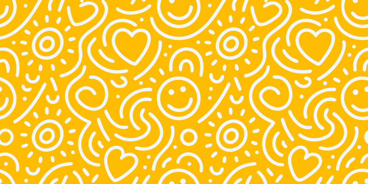 abstract line pattern with hearts and smiley faces on yellow background