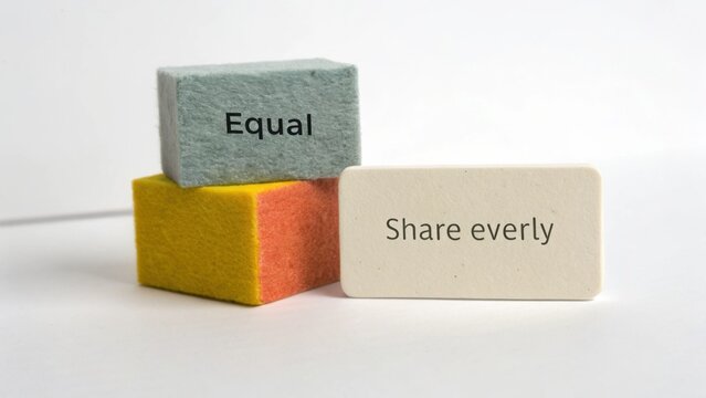Colorful building blocks with the words Equal and Share everly symbolize concepts of fairness, collaboration, and community in childhood learning and education settings.