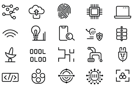 Set of smart technology icons. concept of network, database, cloud storage, security, and cpu