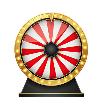 Red and white striped prize wheel with golden lights and black base for games
