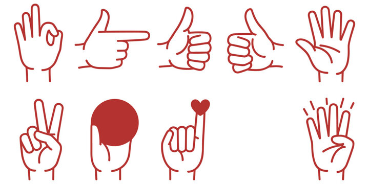 Set of red hand gestures on transparent background, fingers counting and symbols