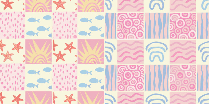 patchwork pattern with marine life and weather elements vector illustration
