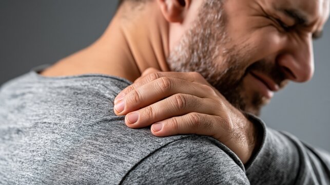 Close-up of a man in pain, holding his sore shoulder and neck, grimacing with discomfort