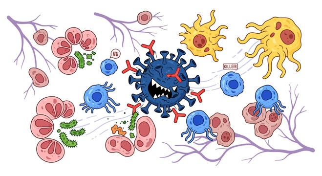 Immune System Fighting Virus and Bacteria Illustration