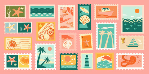 Collection of vintage style summer themed postage stamps vector illustration © Poly