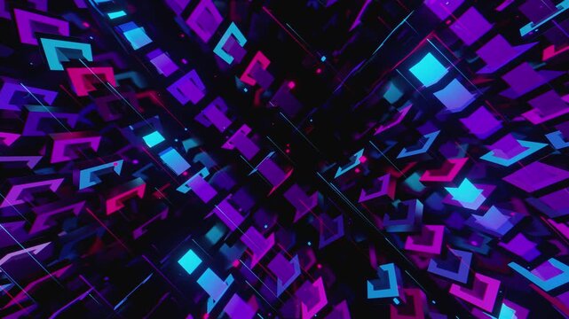 4k Seamless VJ loop of a rhythmic digital structure, creative motion background for electronic music festivals and stage visuals. Futuristic abstract wall with glowing rectangles elements.