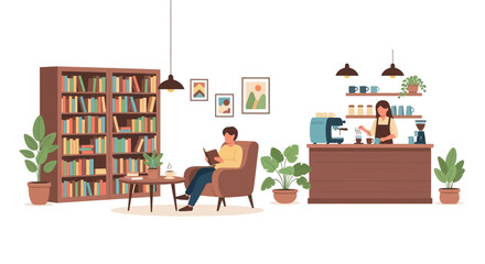 Man reading book in cafe with bookshelf and barista © Kadal