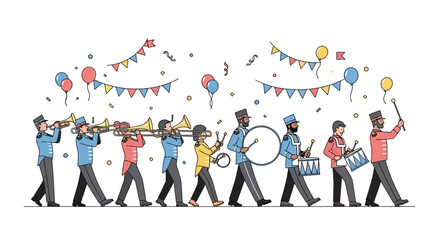 Marching Band Parade with Musicians and Drummers, Festive Atmosphere © Kadal