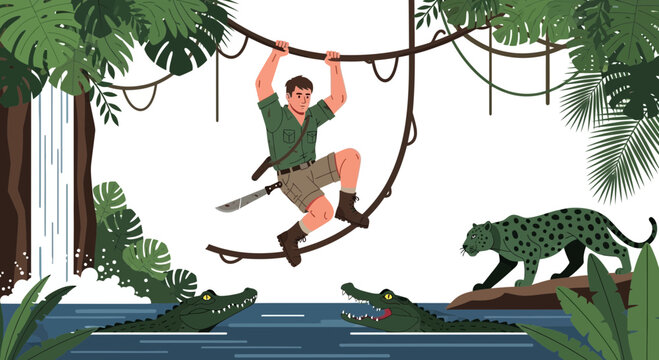 Man swinging on vine in jungle with jaguar and crocodiles
