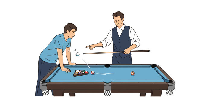 Man teaching another man to play pool, strategy and competition
