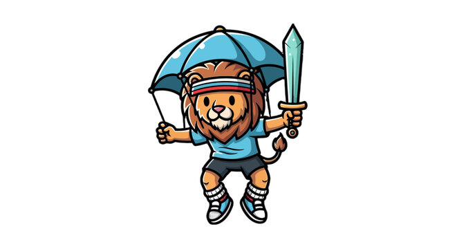 Whimsical cartoon lion holding sword and parachute.