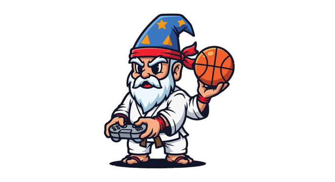 Whimsical Gamer Gnome Holding Basketball and Controller.
