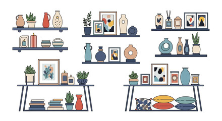 Modern Home Decor Shelves with Vases, Plants, and Art © Kadal