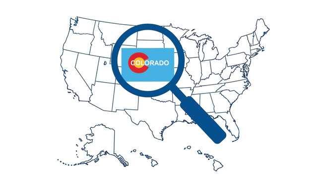 Detailed vector graphic illustration showing a magnifying glass focused on the state of Colorado map outline