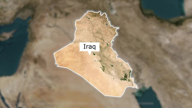 Iraq map zoom, country border animation, satellite terrain background, location pin text box, focused highlight effect, Middle Eastern country outline, blurred surroundings view, infographic motion