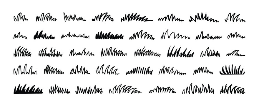 Grass line doodle vector, outline meadow and grassland sketch, black hand drawn brush stroke texture for garden lawn pattern, natural herb field decorative isolated element design.