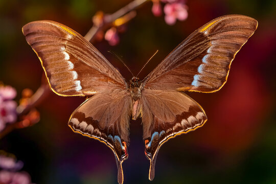 Ein brauner Schmetterling fliegt in der Natur