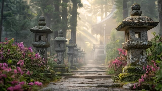 Serene stone lantern pathway lined with blooming pink flowers in a tranquil Japanese garden setting