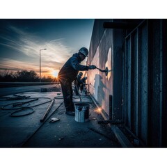 Fototapeta premium Construction Worker Painting Wall During Sunset, Emphasizing Labor And Engineering Process