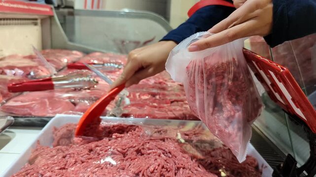 An unrecognisable woman uses a scoop to transfer fresh ground beef into a plastic bag, carefully packaging the meat for purchase at a market or supermarket.