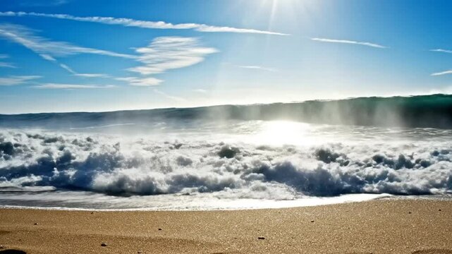 Powerful ocean wave crashing on a golden sandy beach under a bright sunny sky with fluffy white clouds