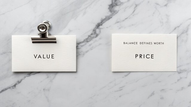 Conceptual representation of value versus price on elegant marble surface showcasing minimalist design with contrasting typography for financial themes