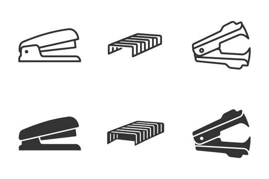 Stapler and staple remover icons set in black and white illustration.
