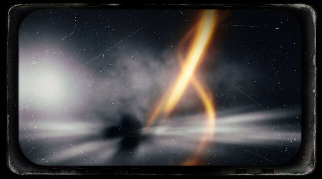 Distorted light streaks and shadows on a misty backdrop with vintage film frame effect perfect for abstract art