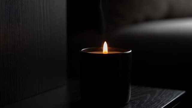 A single black candle burns brightly in a dark room, its flame casting a warm glow on the surrounding surfaces.
