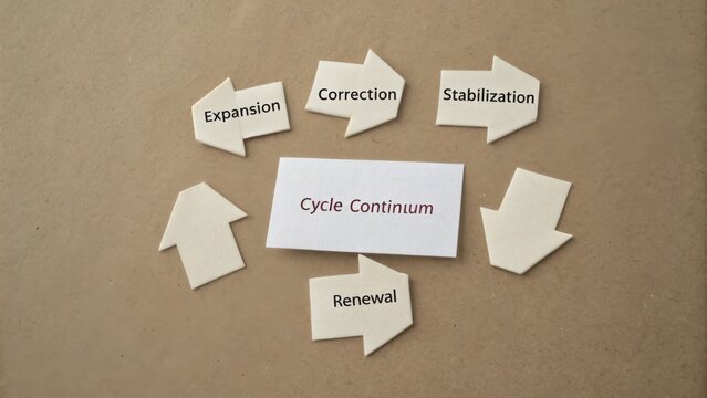 Conceptual illustration of cycle continuum represented by arrows depicting stages of expansion, correction, stabilization, and renewal on a textured background