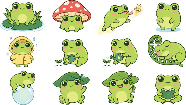 Cute Cartoon Frog Sticker Set with Kawaii Green Frogs in Funny Poses for Kids Design