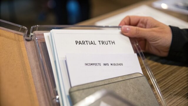 Document folder displaying the phrase "Partial Truth" and "Incomplete Info Misleads," highlighting themes of transparency and information accuracy in a professional context