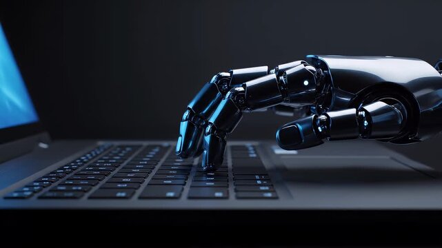A sleek, black robotic hand is actively typing on a laptop keyboard in a low-light, professional environment.