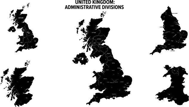 United Kingdom administrative divisions map illustration with multiple views  England Scotland Wales Northern Ireland