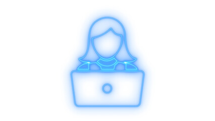 Colorful neon icon of a female user working on a laptop computer with a glowing outline effect for digital technology and web design isolated on transparent background © MdSamsul1234