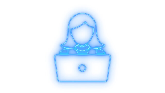 Colorful neon icon of a female user working on a laptop computer with a glowing outline effect for digital technology and web design isolated on transparent background